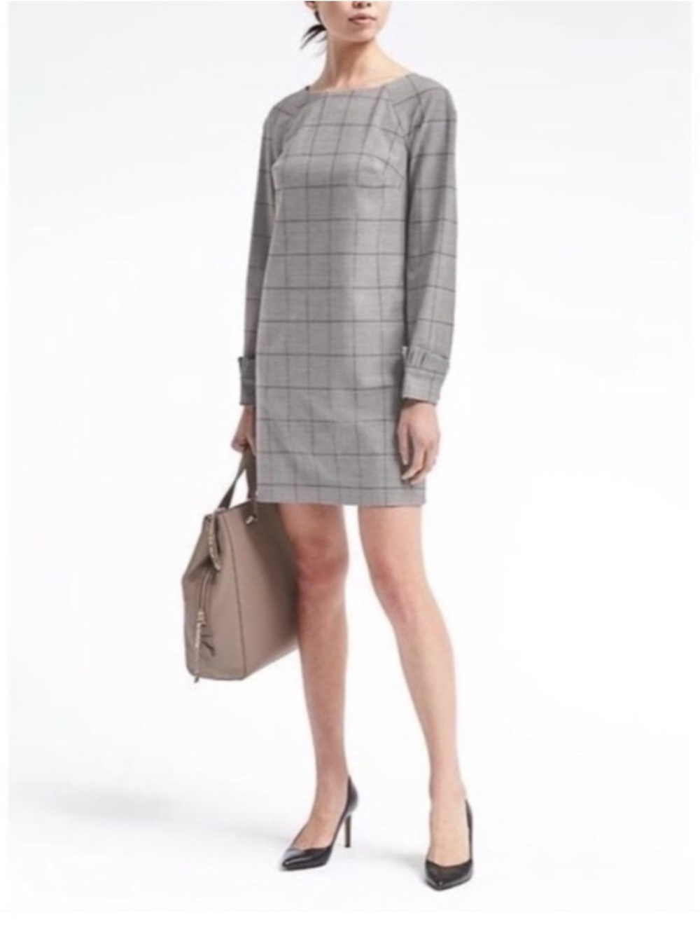 Banana Republic Gray Windowpane Plaid Shift Dress Size 8 Ruffle Cuff - EUC